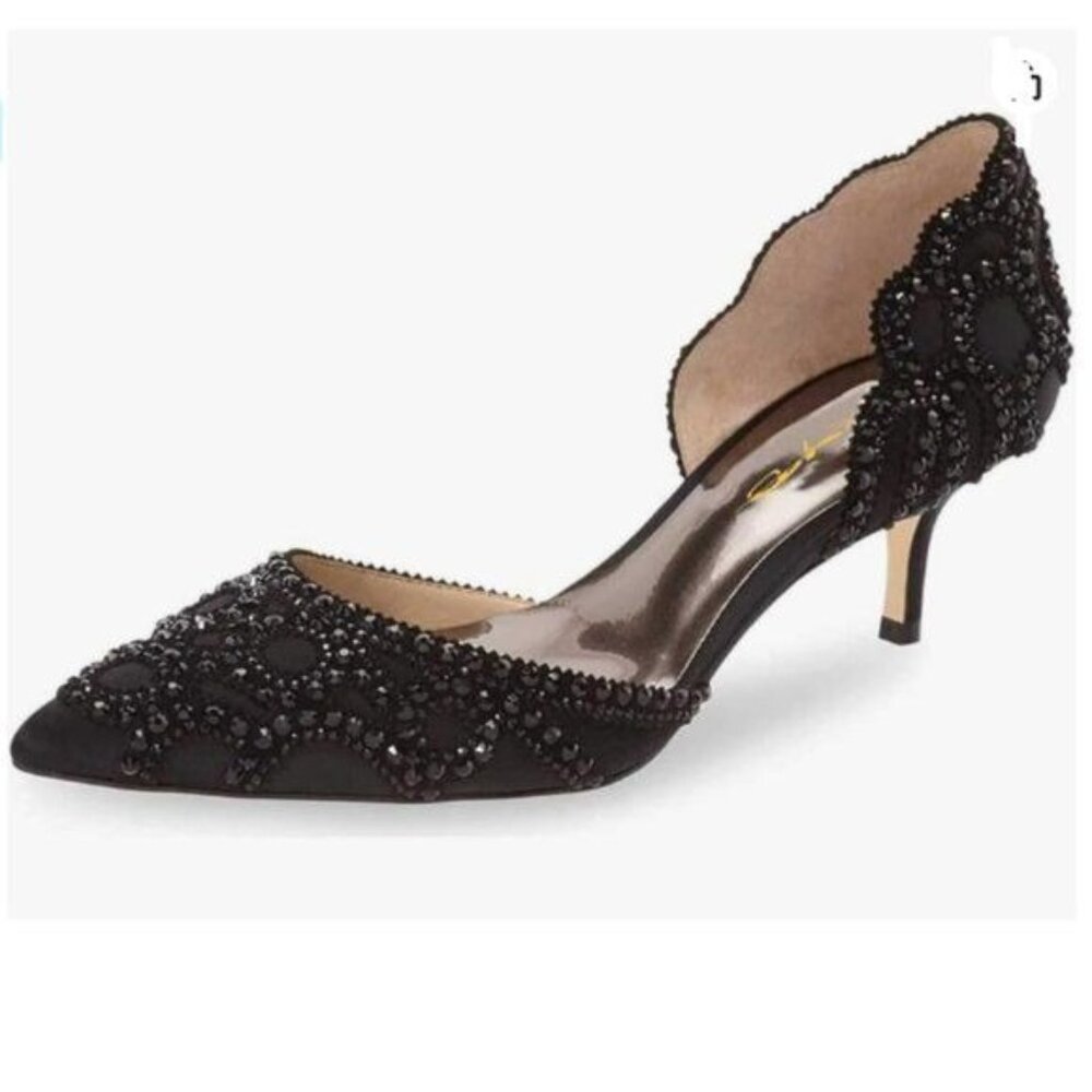 XYD Black Elegant Pointed Toe D'Orsay Kitten Heel Rhinestone Studs Pumps